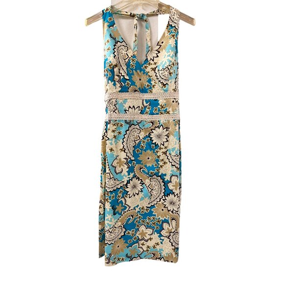 🍒 2/$20 🍒 Paisley Tan and Turquoise Print Halter Dress sz 14 with Lace Detail - Picture 1 of 8